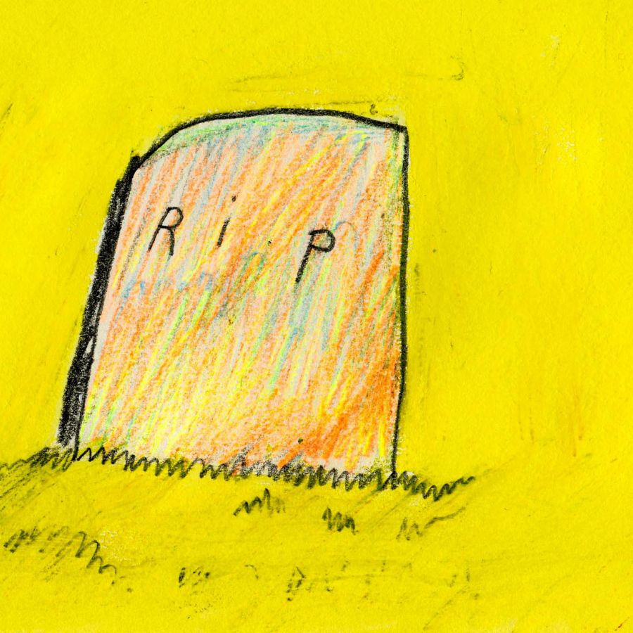 Tombstone with the letters "RIP"  in front of a yellow background