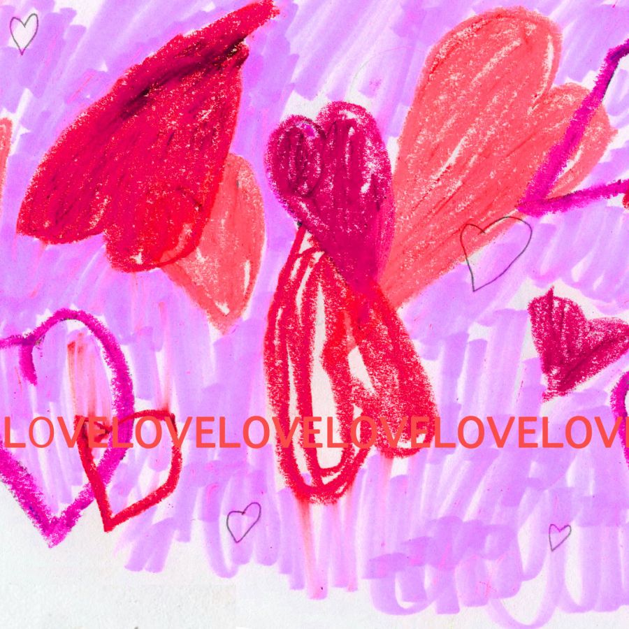 A hand-drawn photo of hearts over a pink background, with Love written over and over in the bottom.