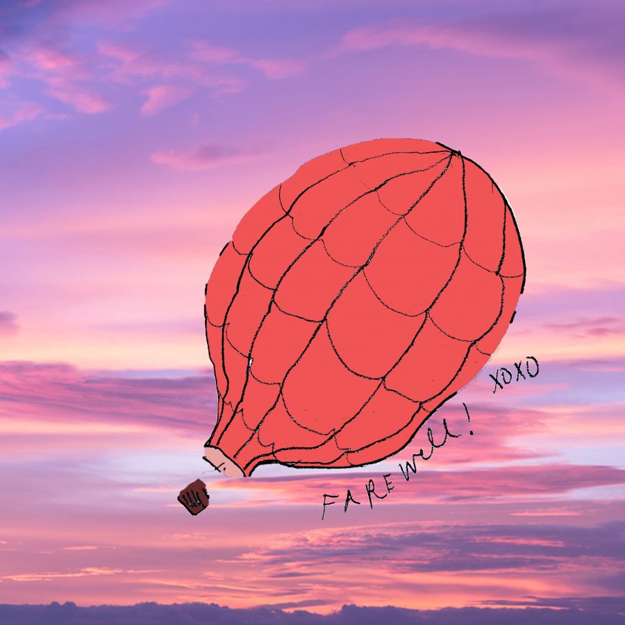Hot air balloon on a purple and pink sky