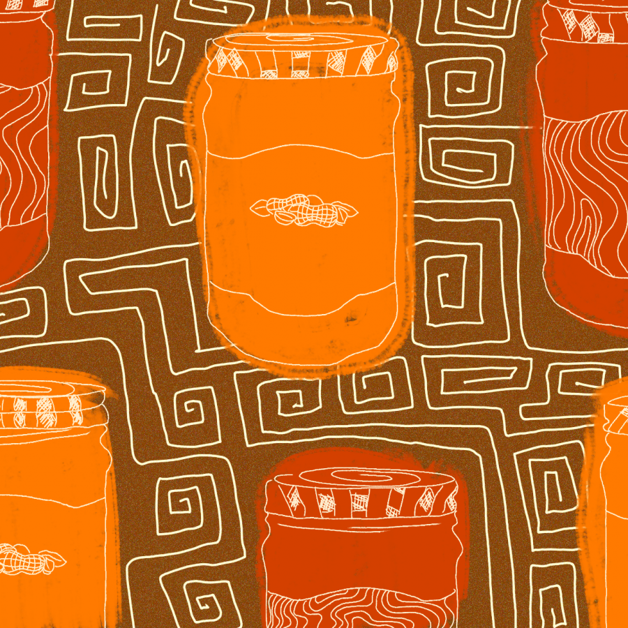 red and orange  jars of peanut butter with a background of brown geometric pattern