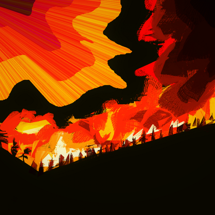 mountains of trees burn in a wildfire, the sky is smoky and red