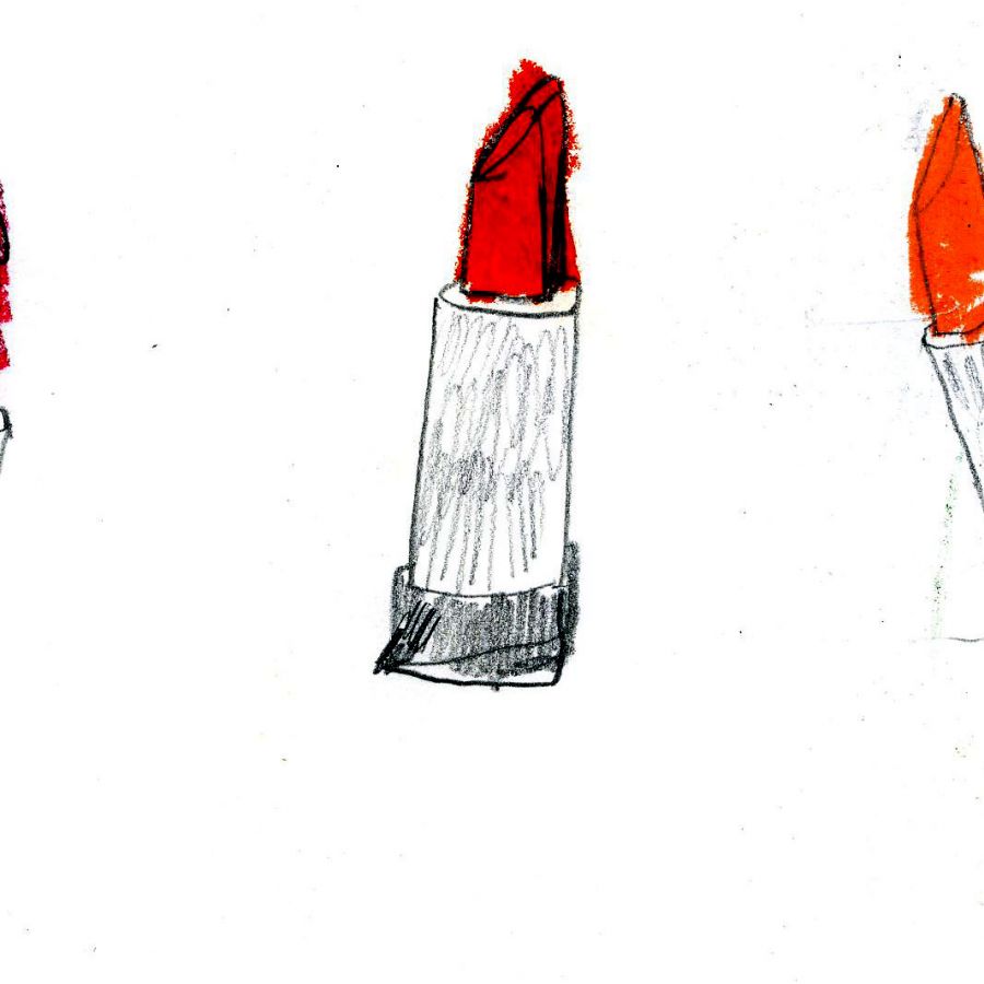 A hand-drawn photo of three open lipsticks.