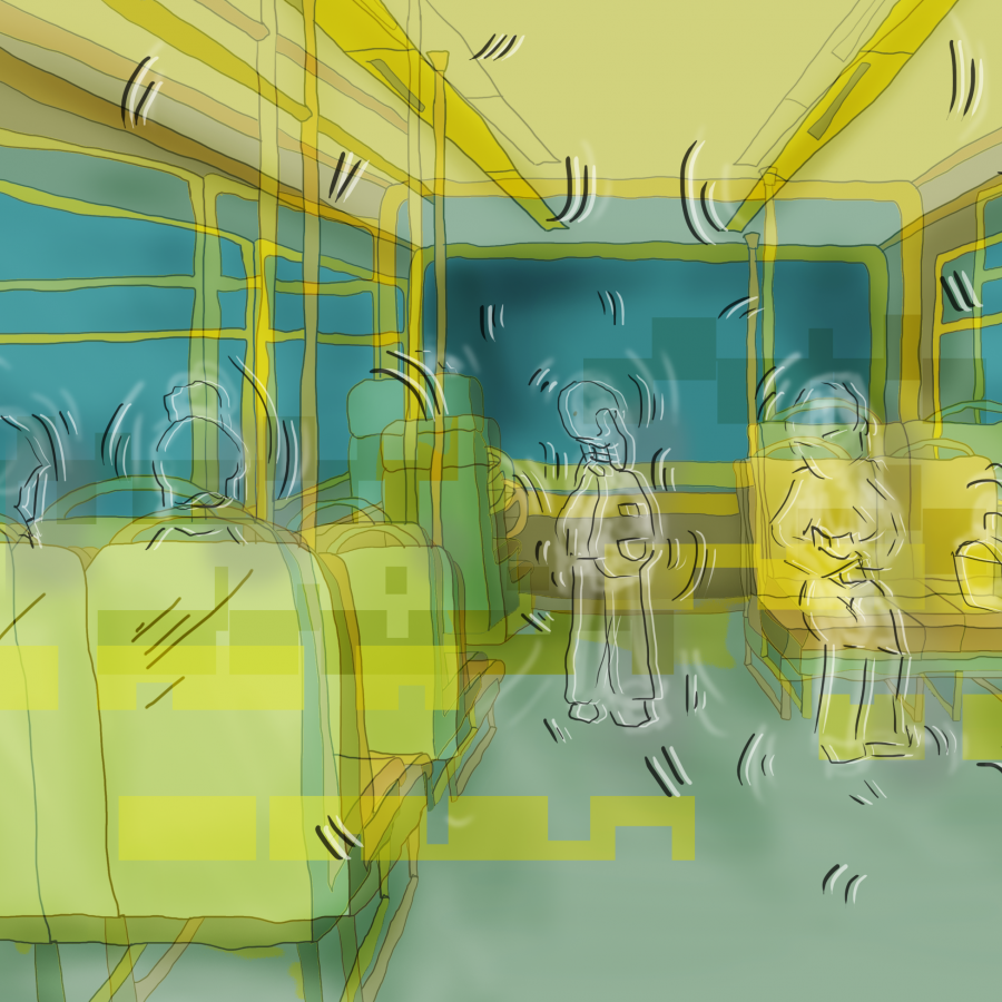 transparent shapes of people sitting on a bus