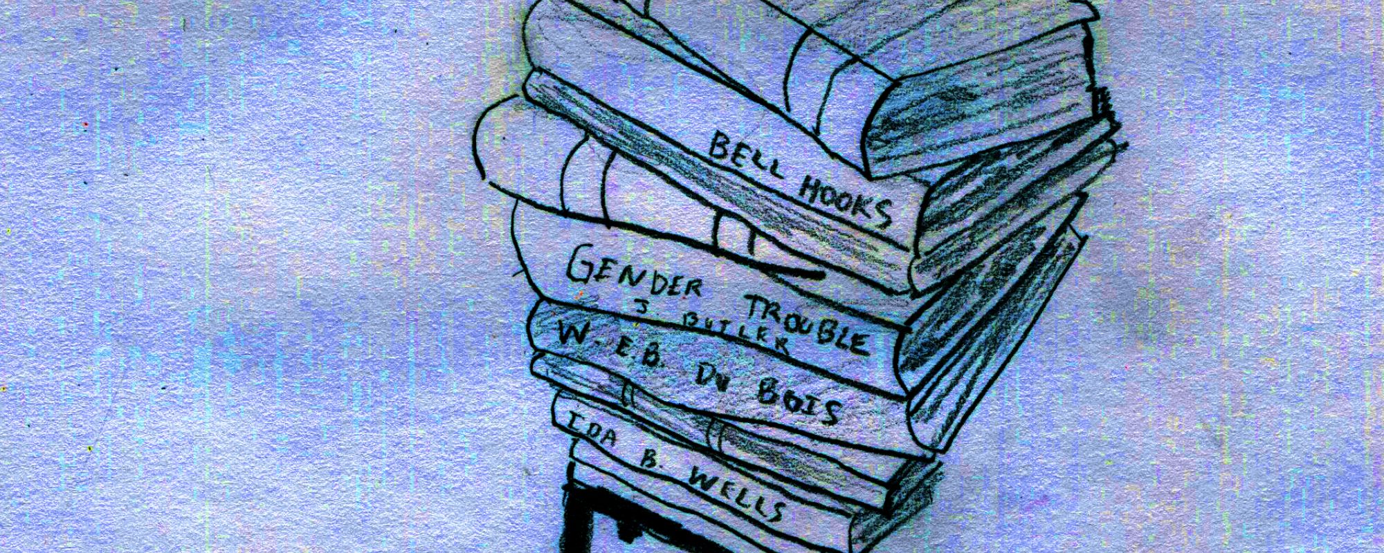A hand-drawn photo of a stack of books that would be read in courses about inequality.