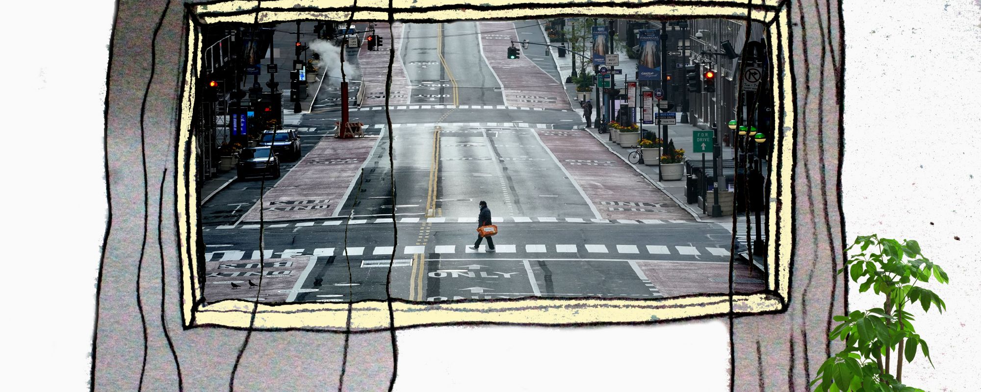 illustration of window looking out to photo of empty street