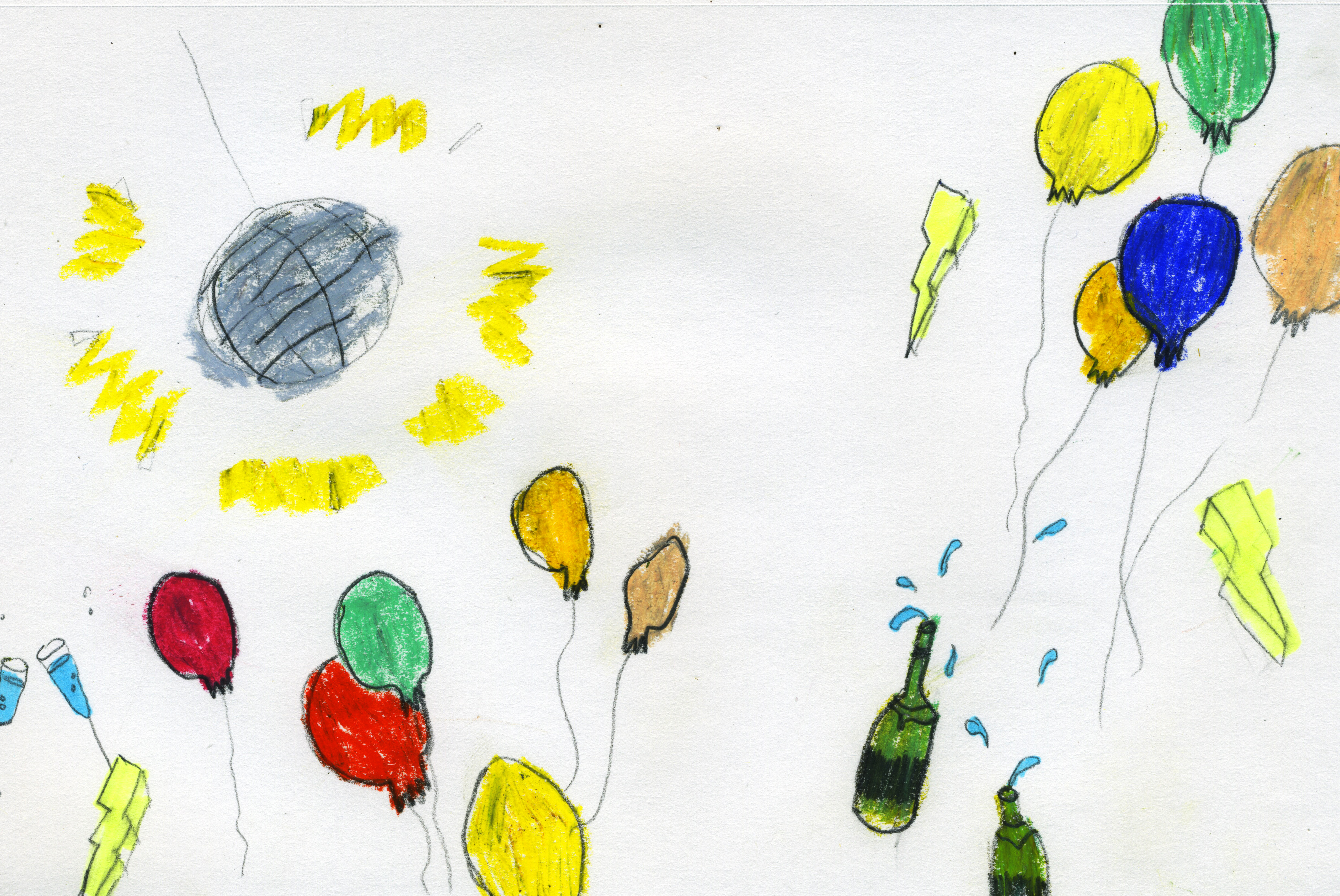 A hand-drawn photo of balloons, champagne bottles, and confetti A