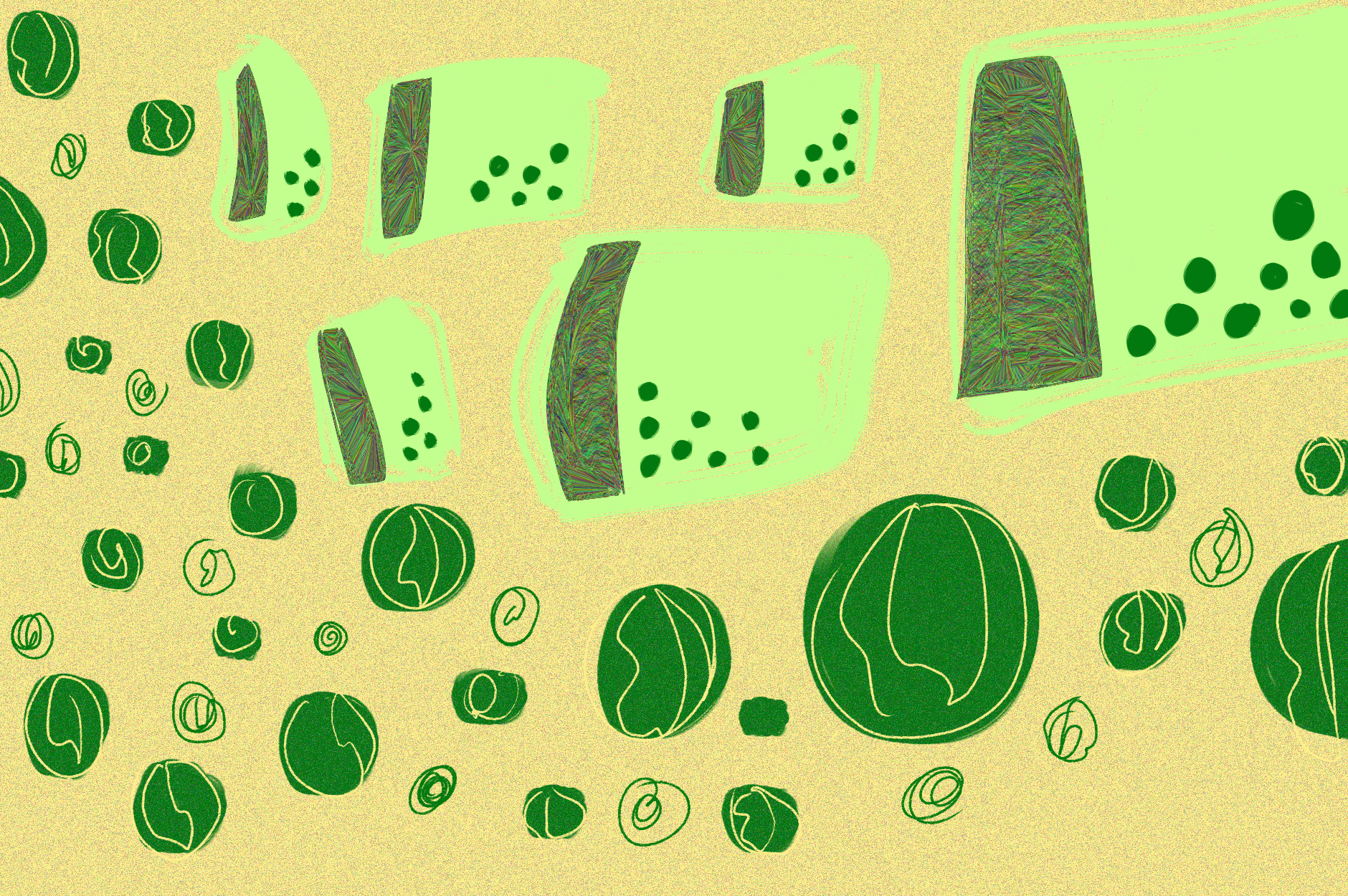 light green dotted jargon their sides, green spheres spilling out in bulk