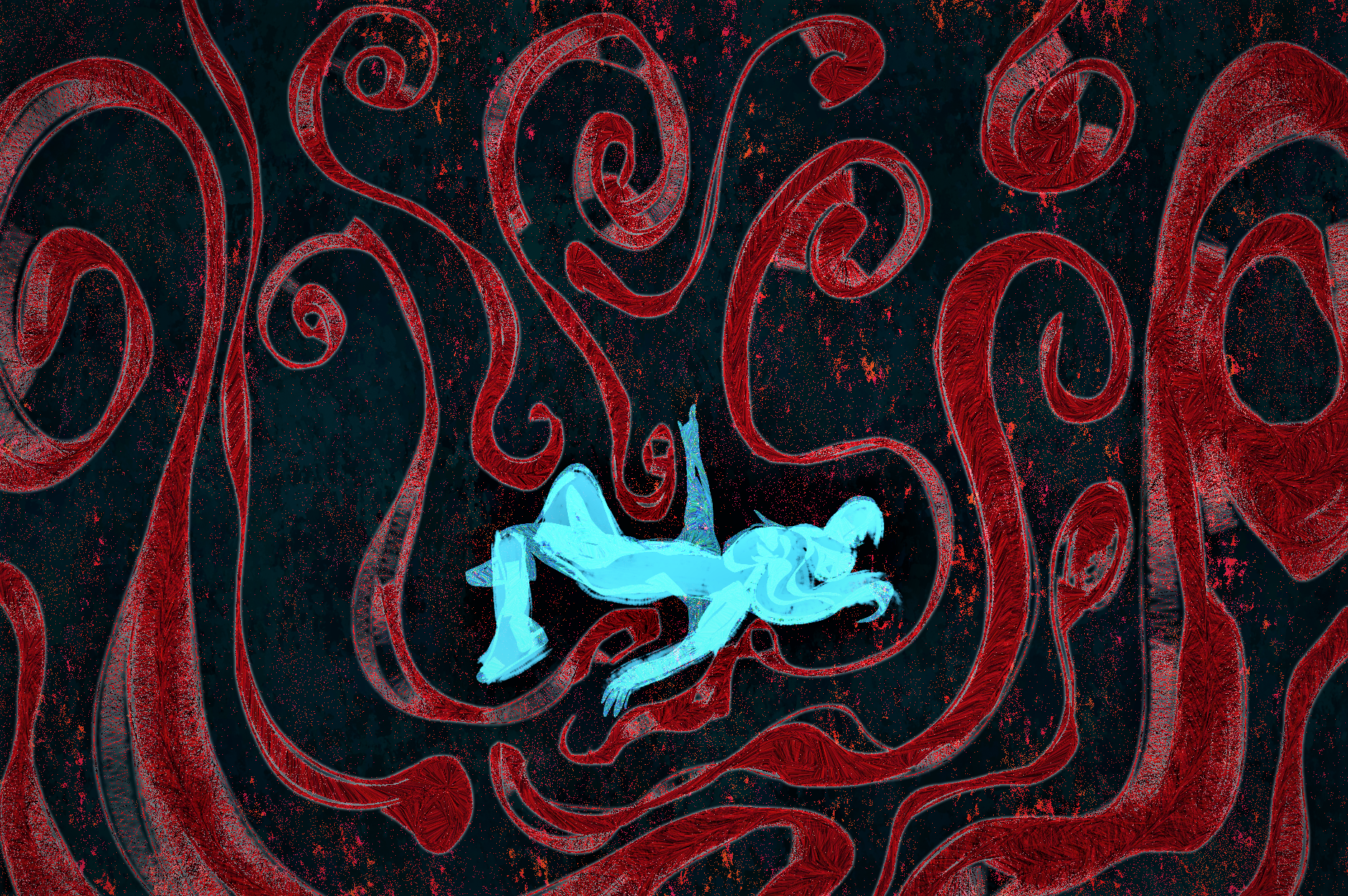 a bright blue outline of a body falling downward on a background of red swirls