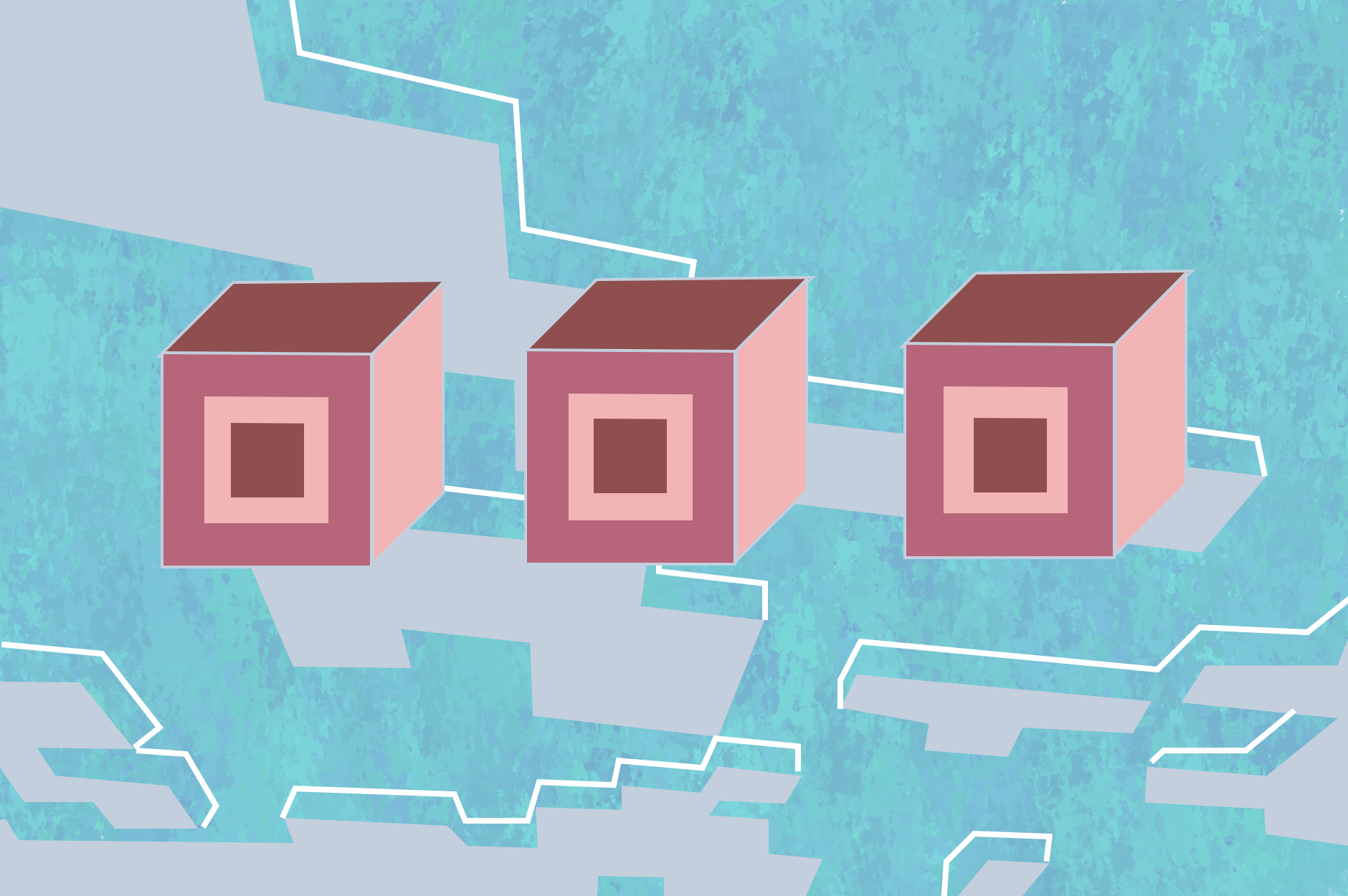 three side-by-side tan and brown cubes floating on a pixelated background of a blue sky with clouds