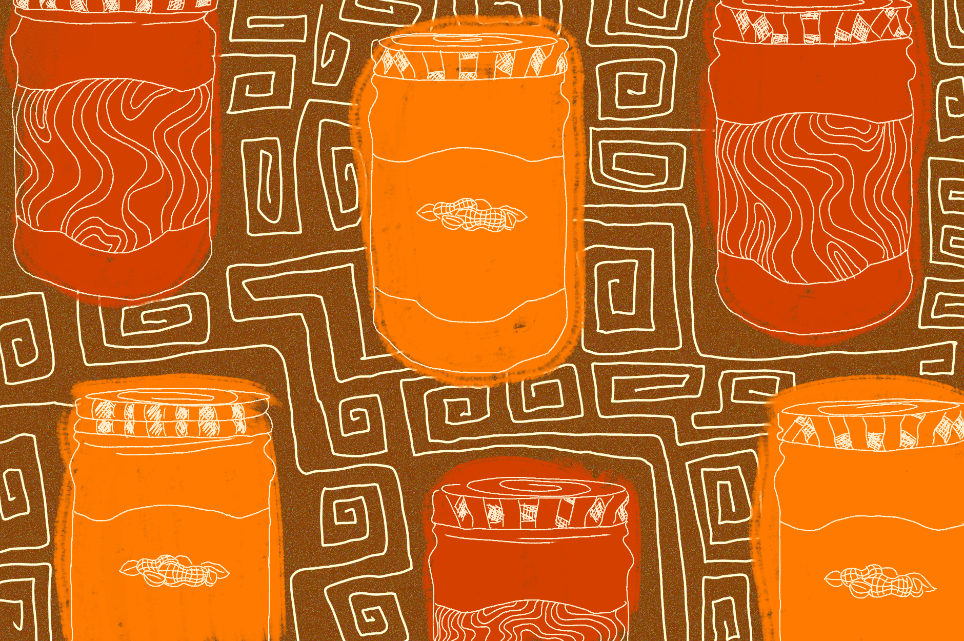 red and orange  jars of peanut butter with a background of brown geometric pattern
