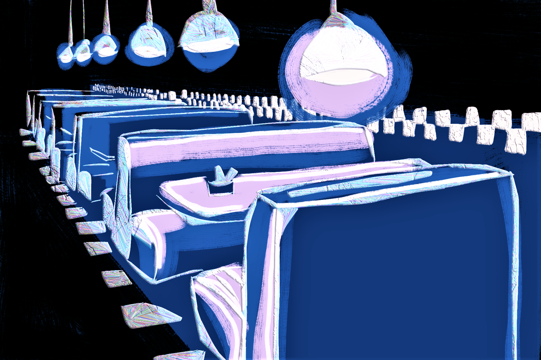 dim blue and purple lighting over a row of diner booths