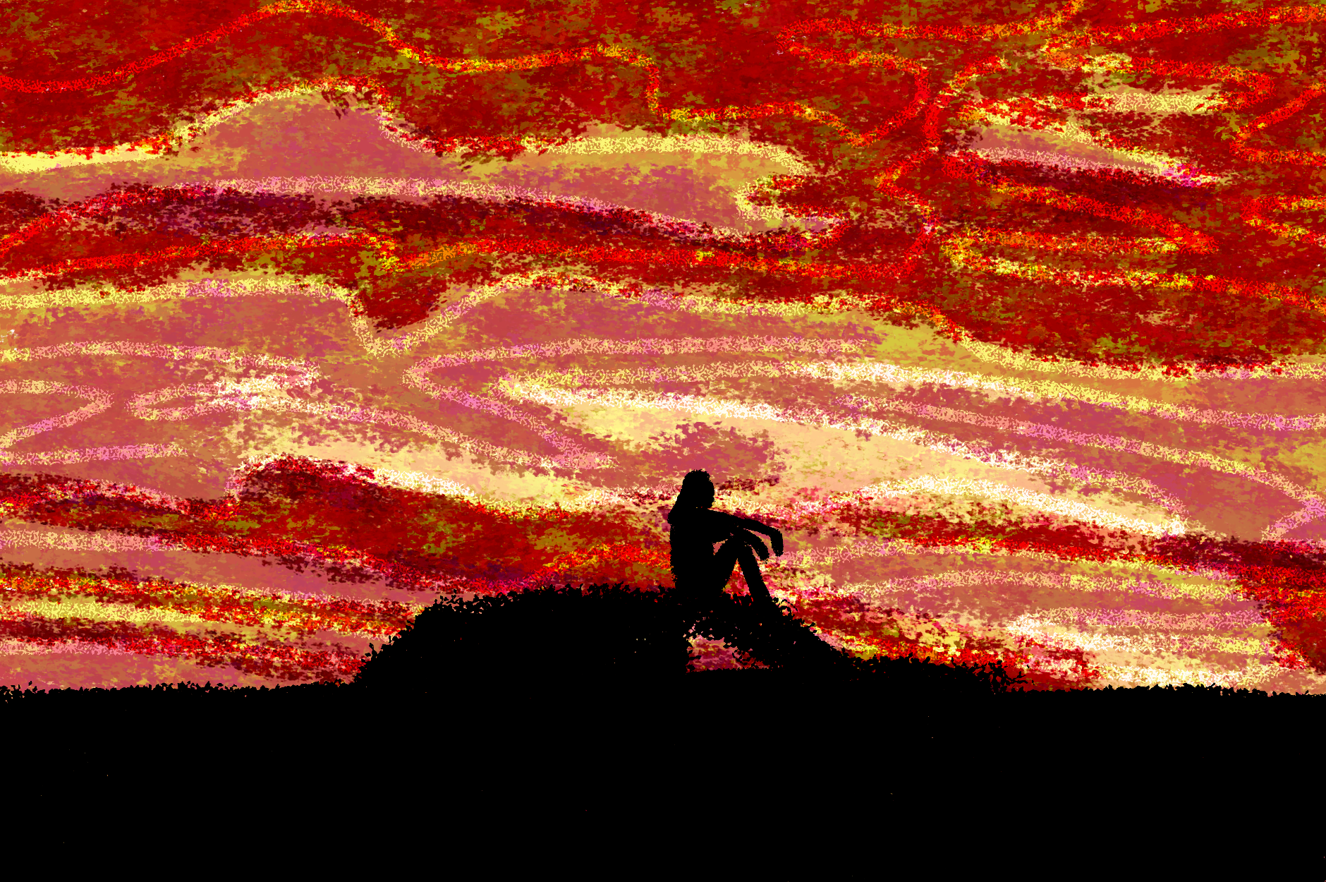 silhouette of a person with red cloudy sunset bakcground