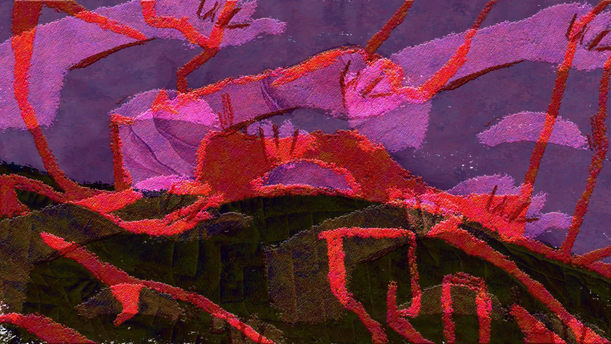 a red and purple scene with purple fists in the background