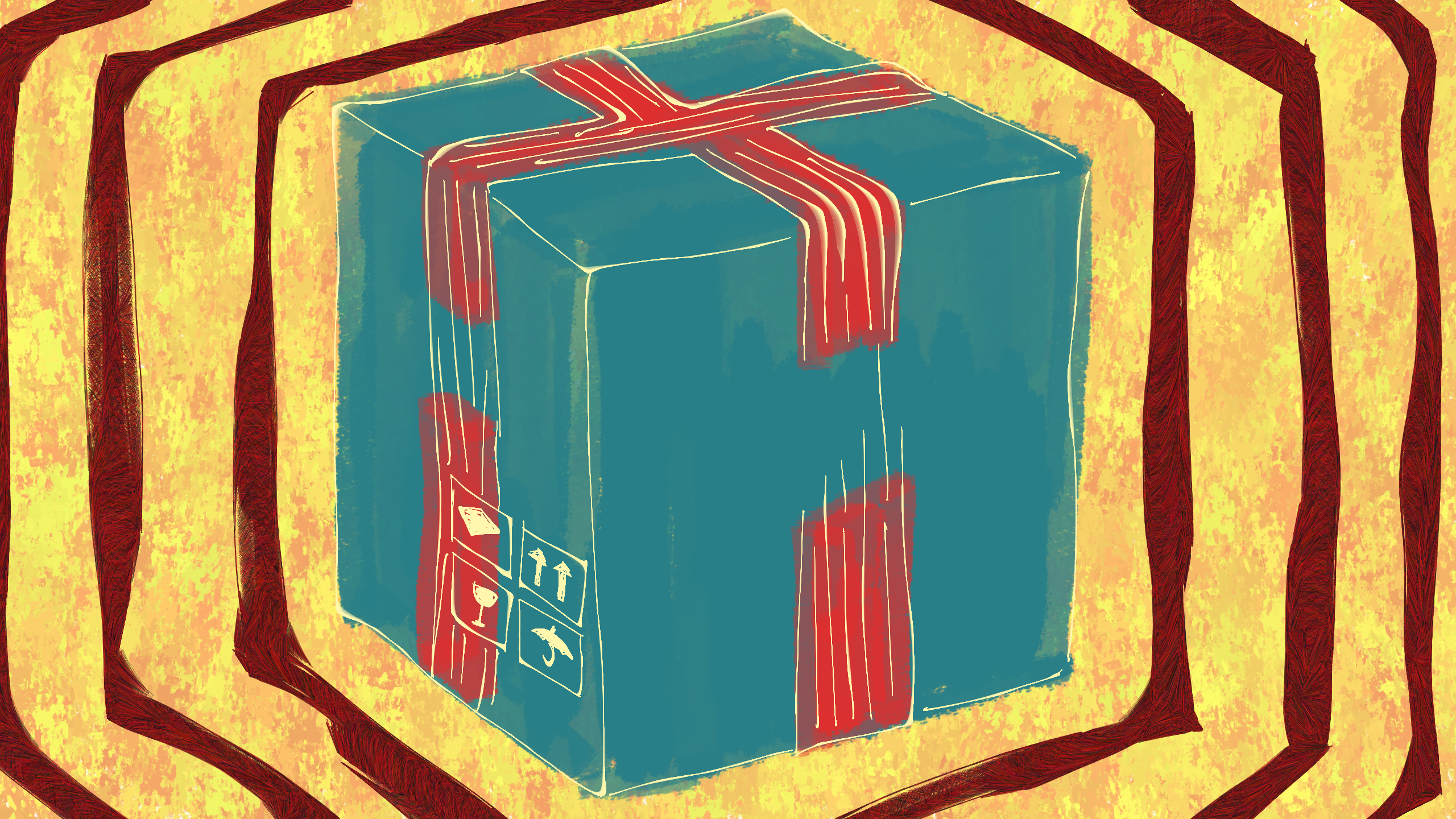 a blue package with red tape