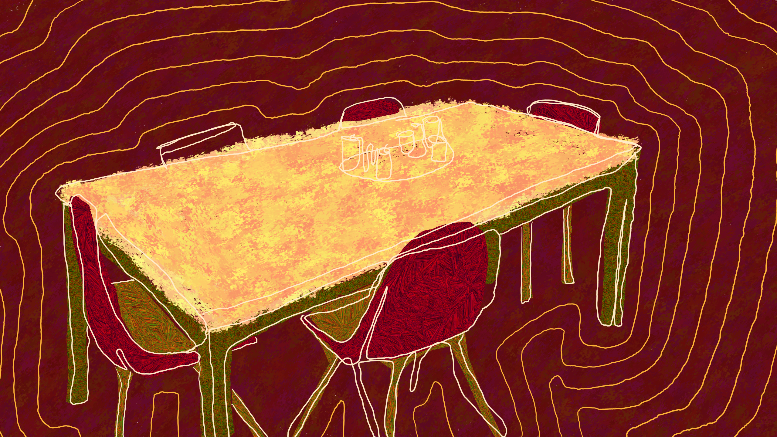 a yellow dining room table surrounded by red