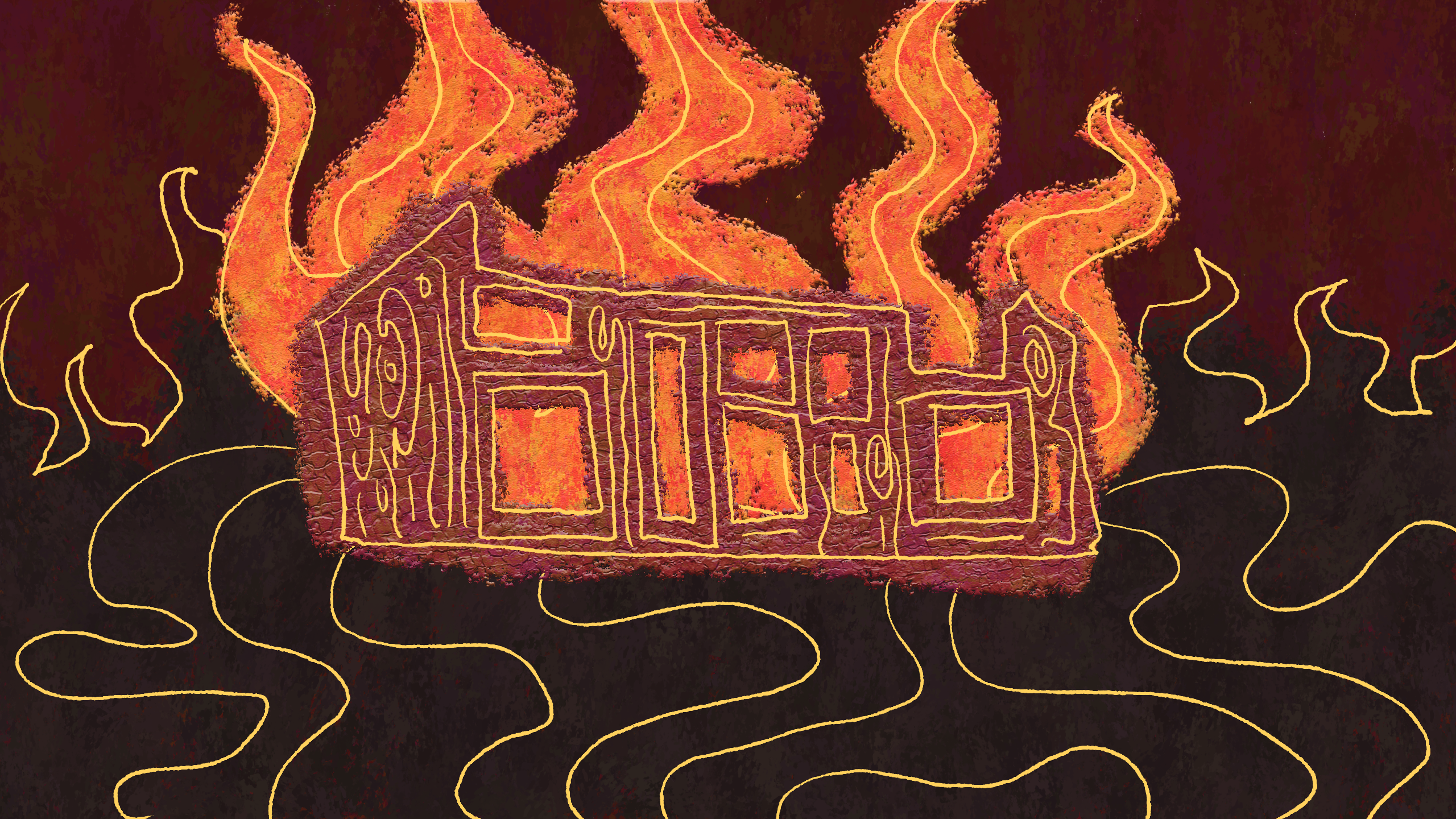 an house on fire against a dark, black background