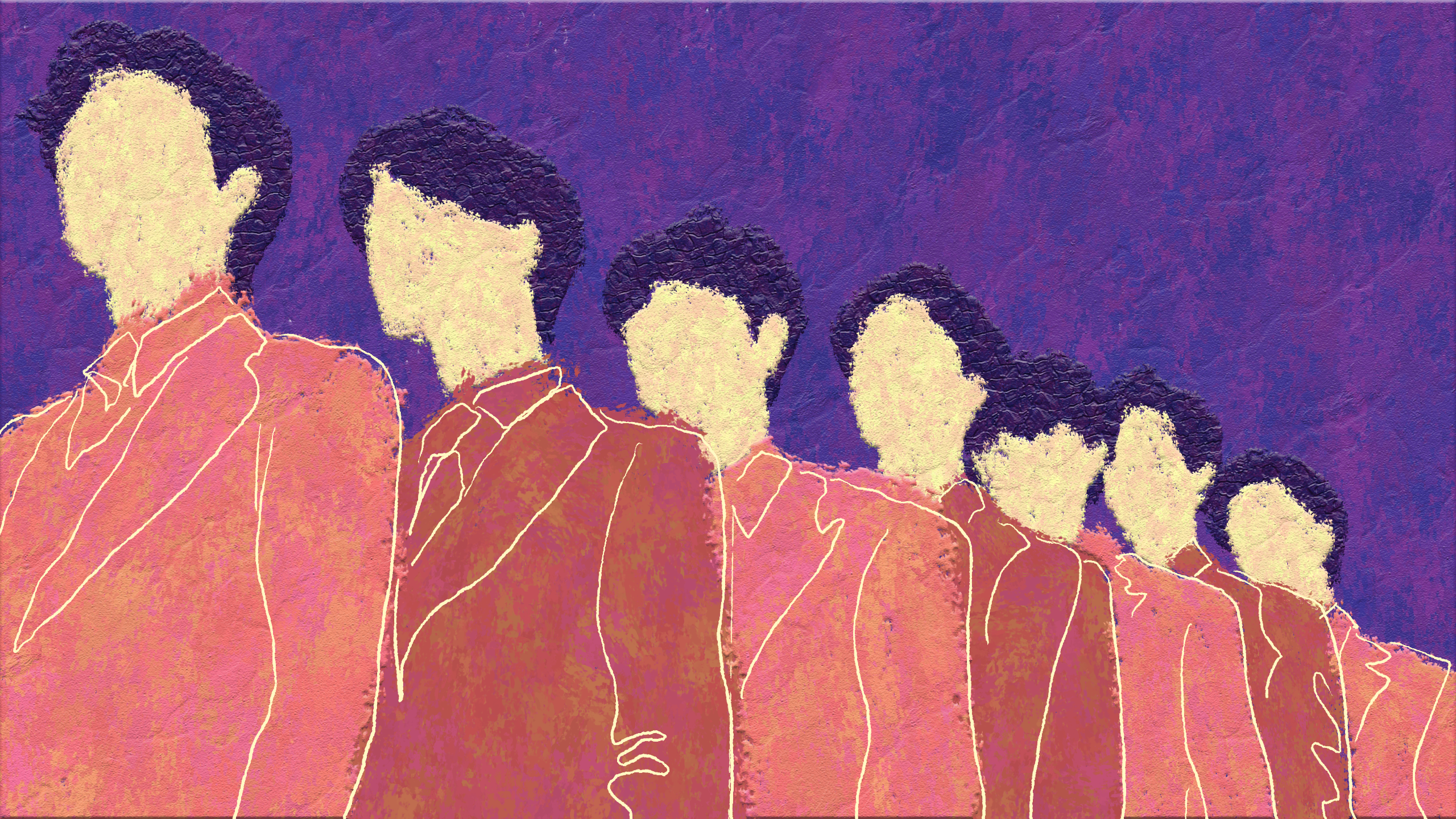 seven men standing in a row with orange clothes on