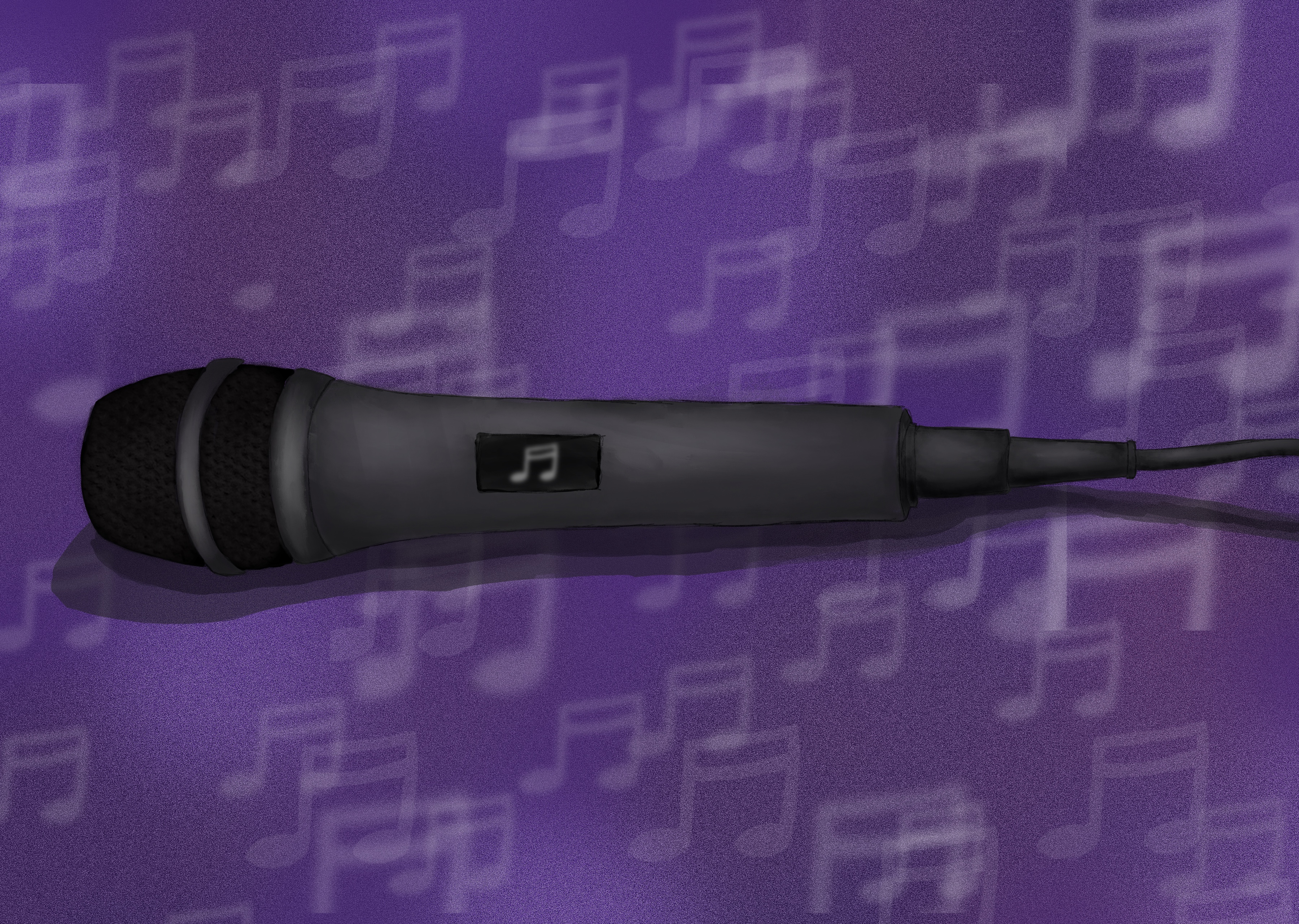 A black microphone on a purple background filled with music notes  