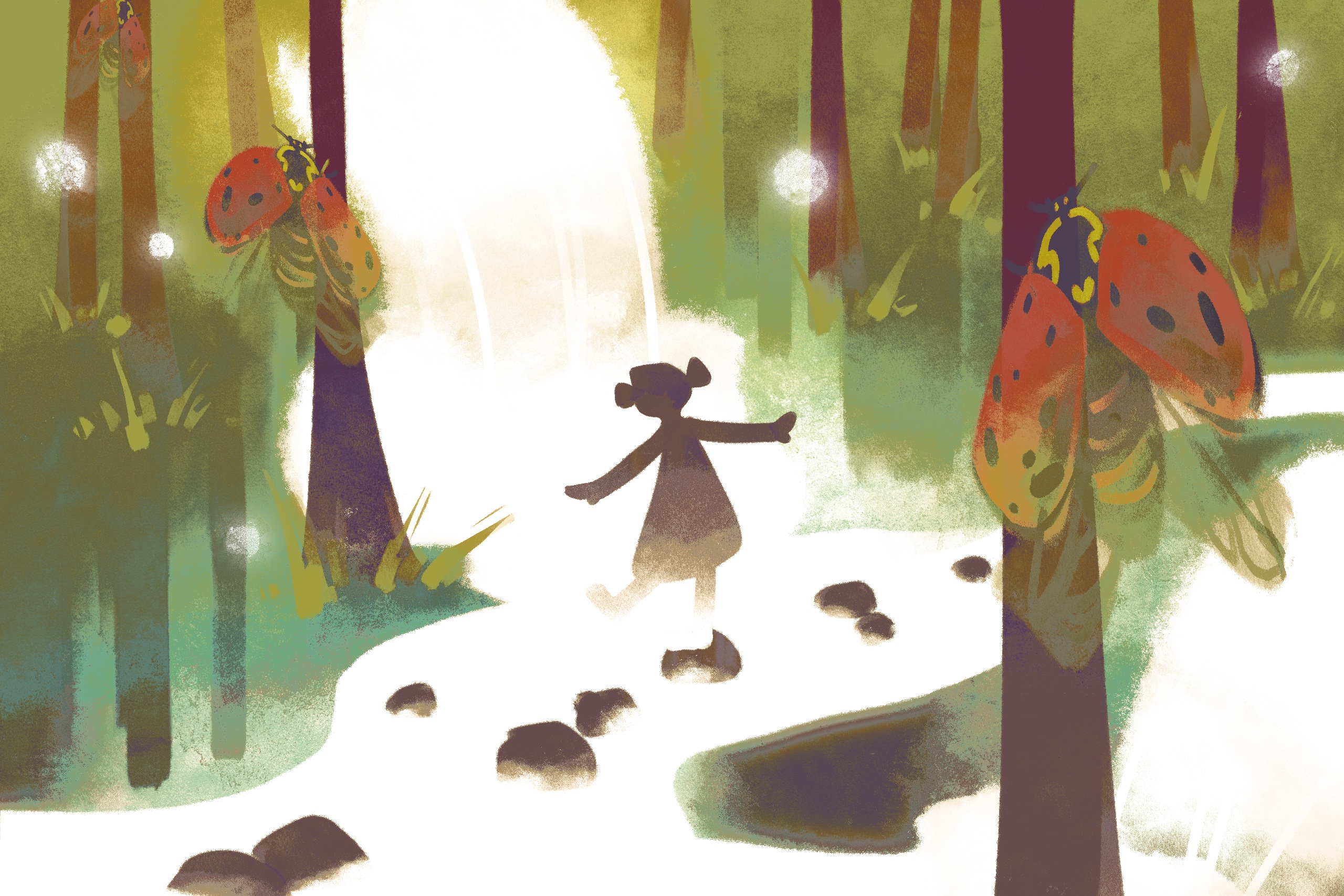 small girl walking through a river in a forest