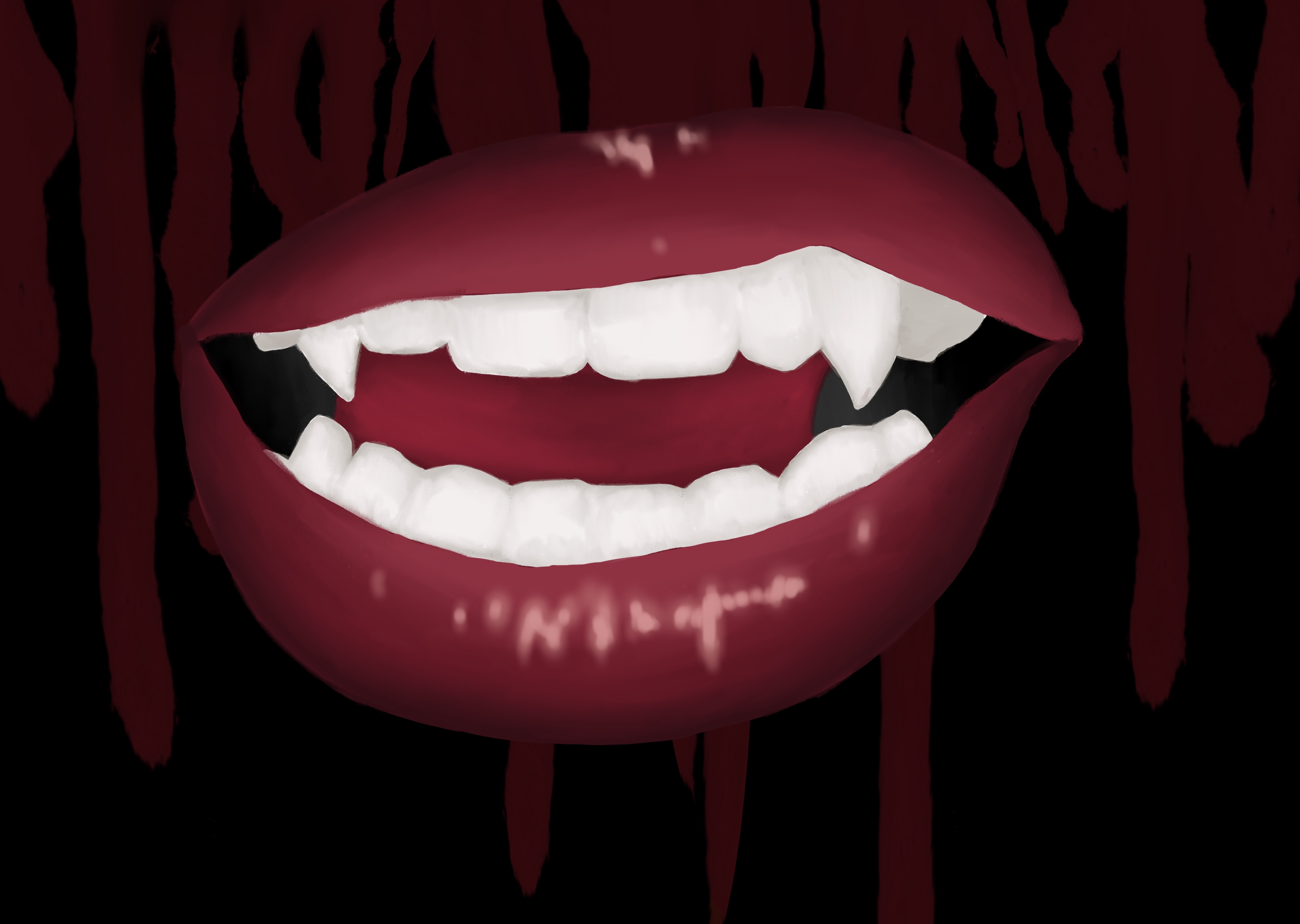 Smirking lips with vampire fangs with a background of dripping blood