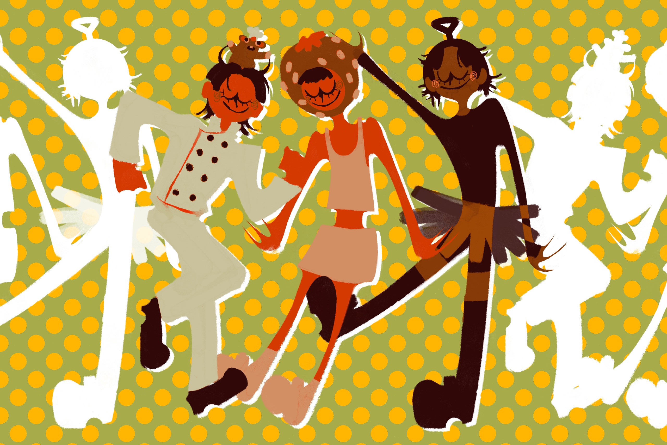 dancing figures in Halloween costumes on a green background with yellow polka dots