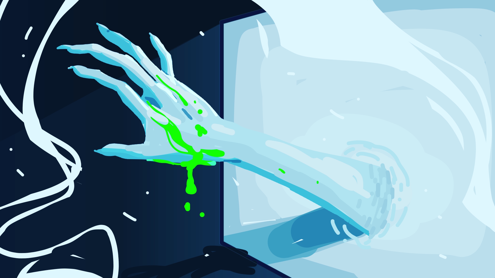 Blue hand with long fingernails and green goo reaching out of a television screen