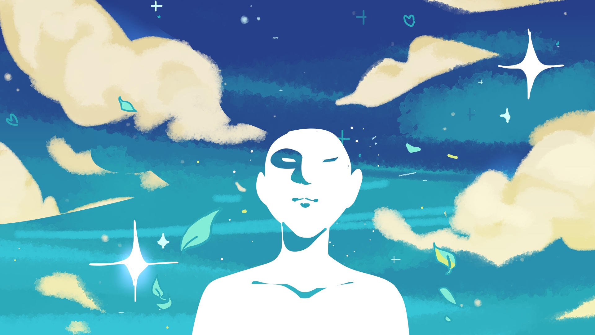 a white figure against a starry blue background with white clouds and floating leaves and hearts