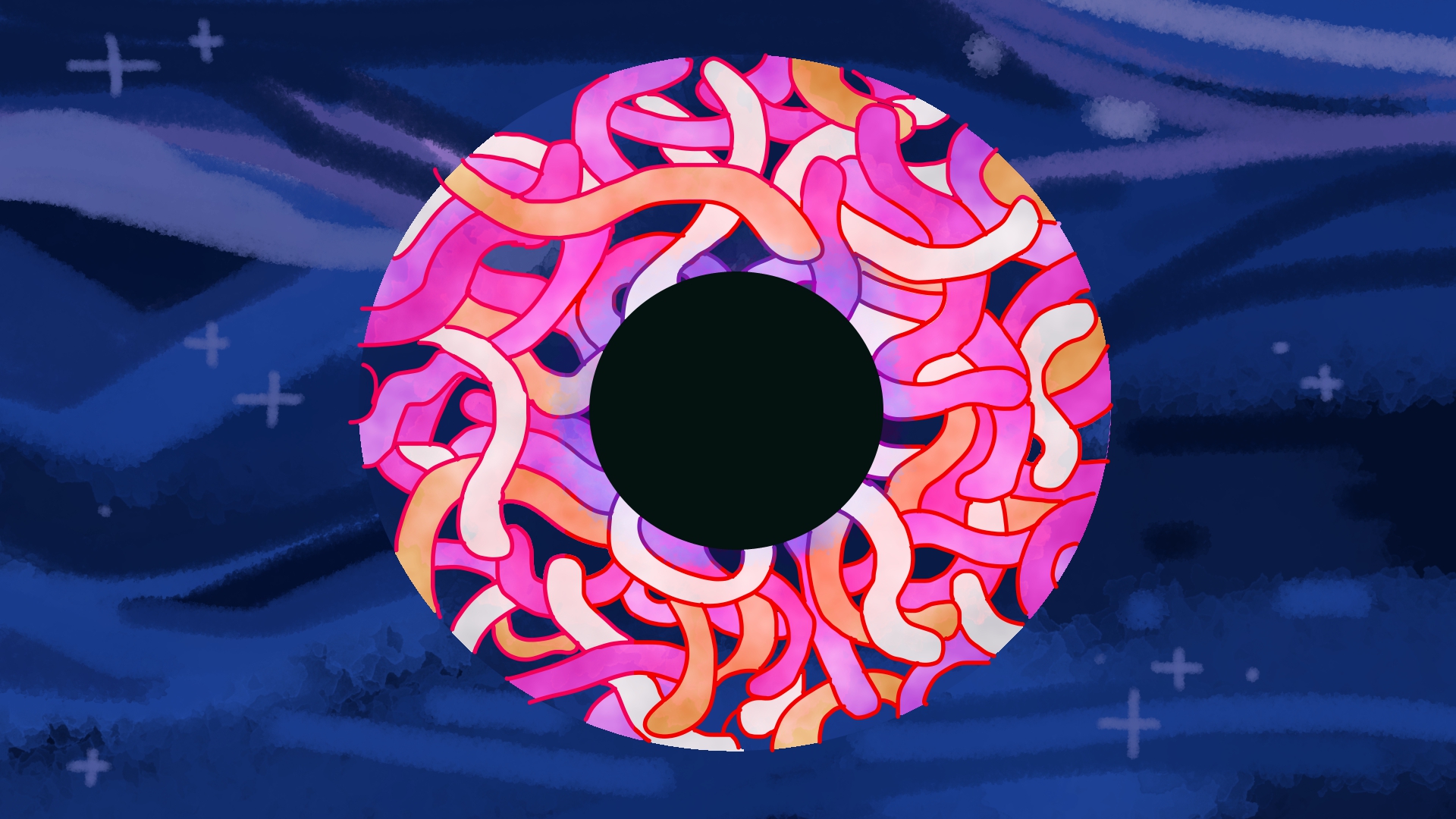 an eyeball made up of pink, orange, and white worms on a dark blue background with waves and stars