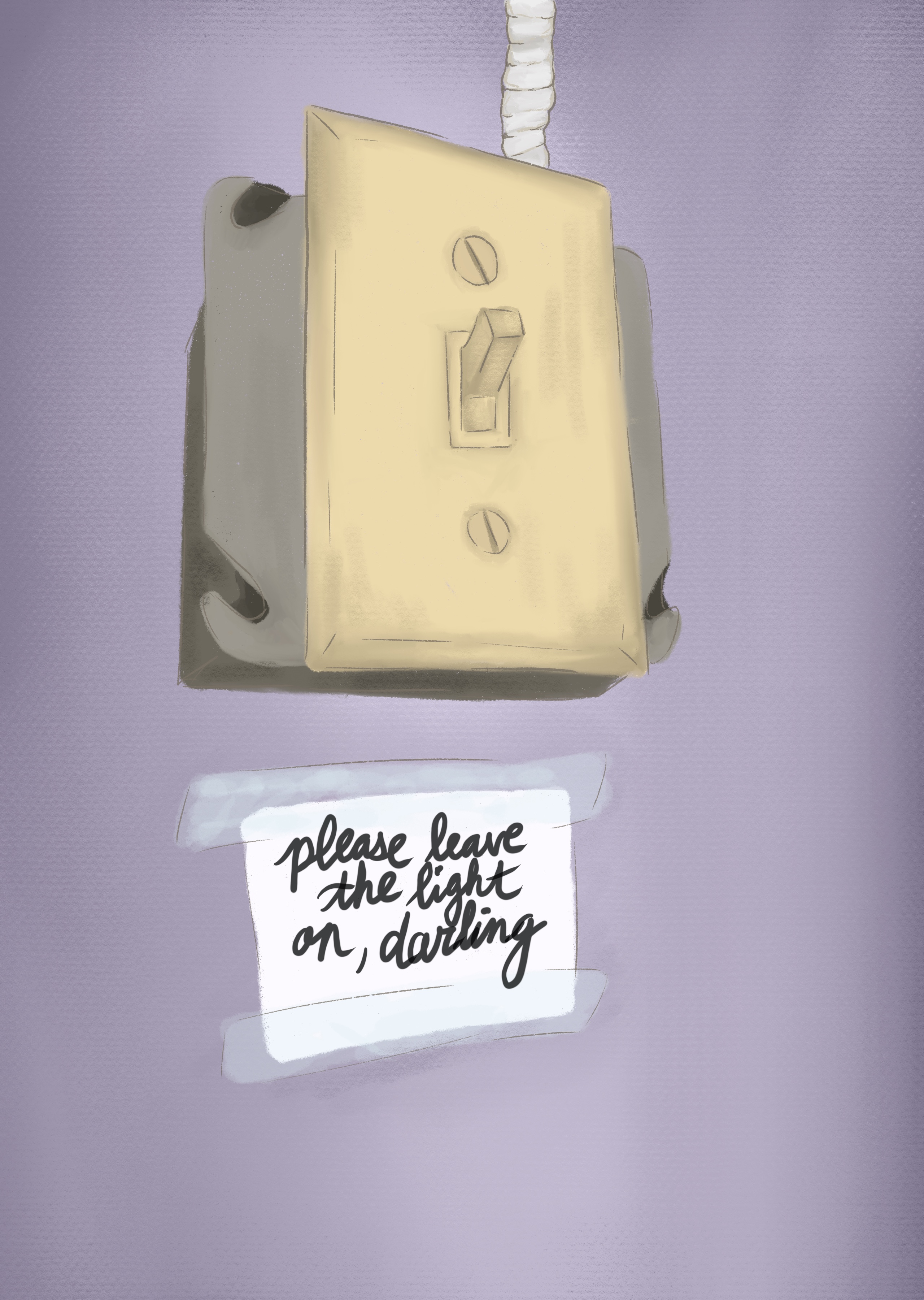 a yellow lightswitch on a purple wall