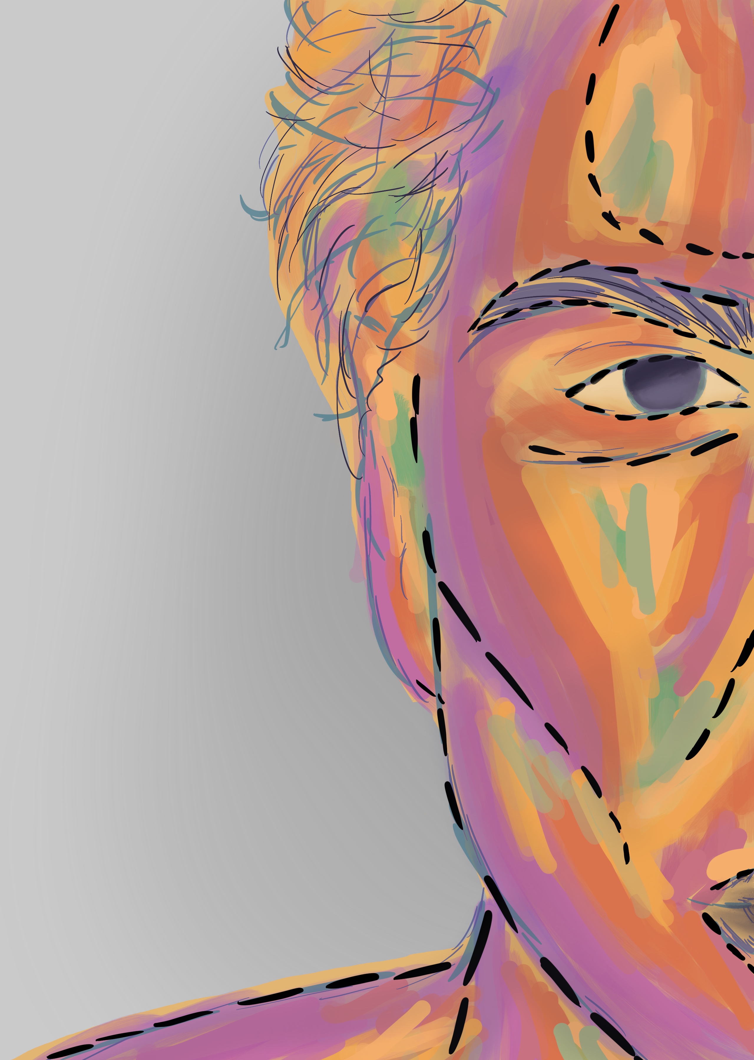 half of a man's sculpted and strikingly handsome face colored in shades of purple, pink, orange, yellow, and green, all on a gray background