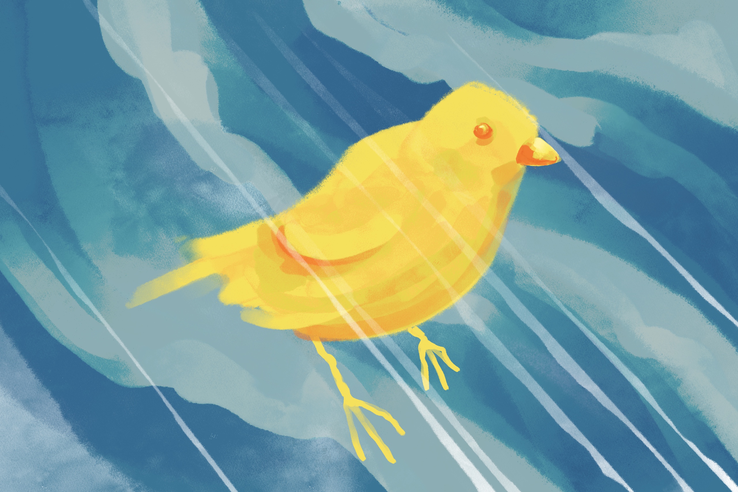a small yellow bird on a blue, cloudy, and windy background