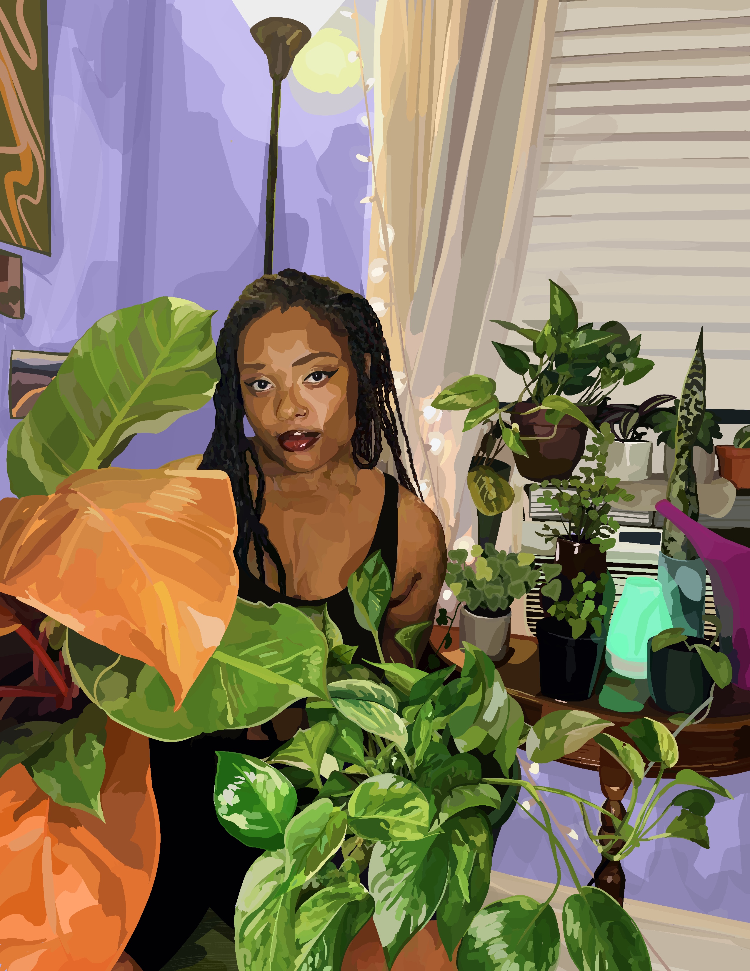 woman surrounded by plants in a purple room, posing for a portrait