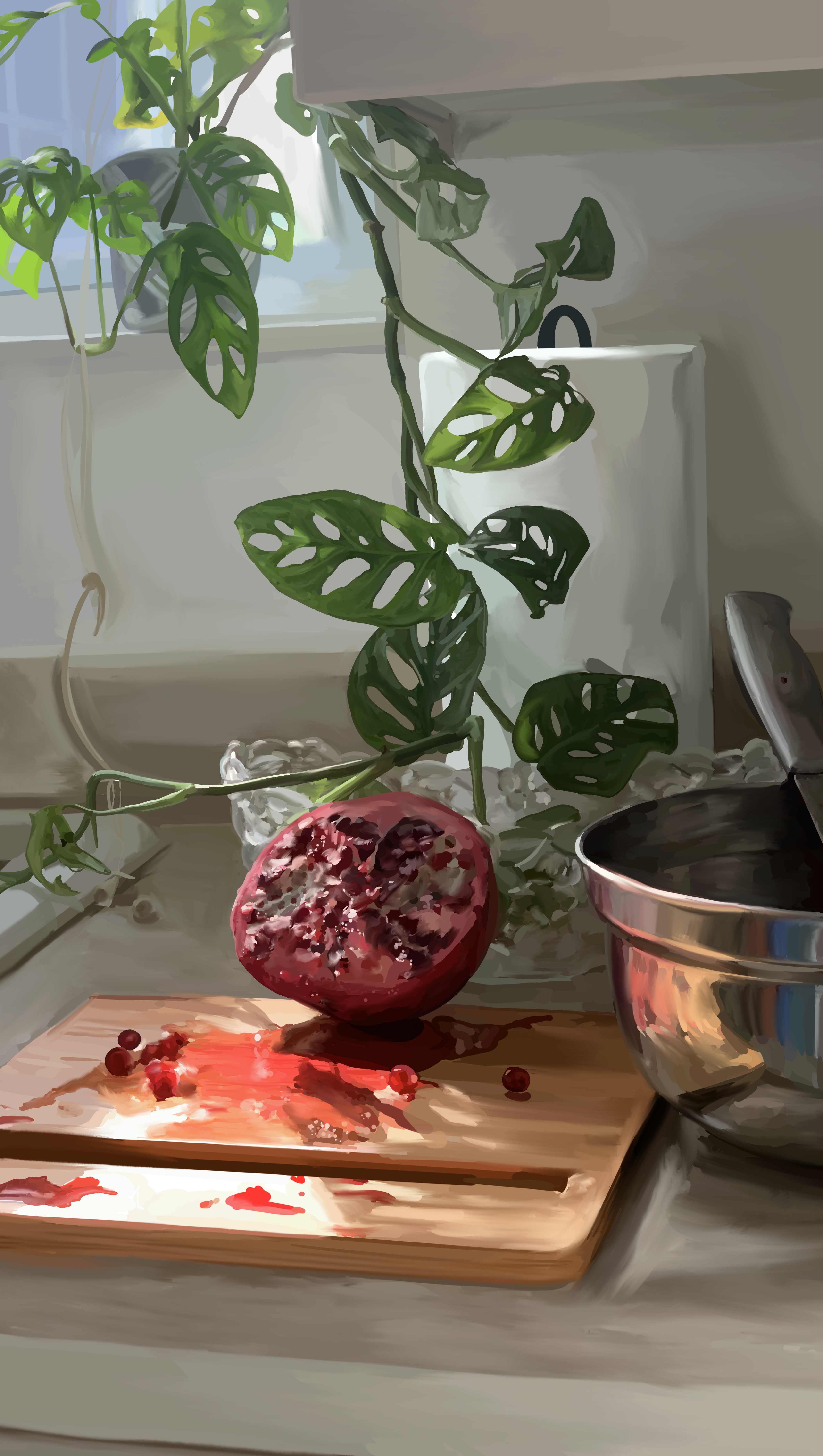 a pomegranate sits on a cutting board in front of a vine in speckled sunlight