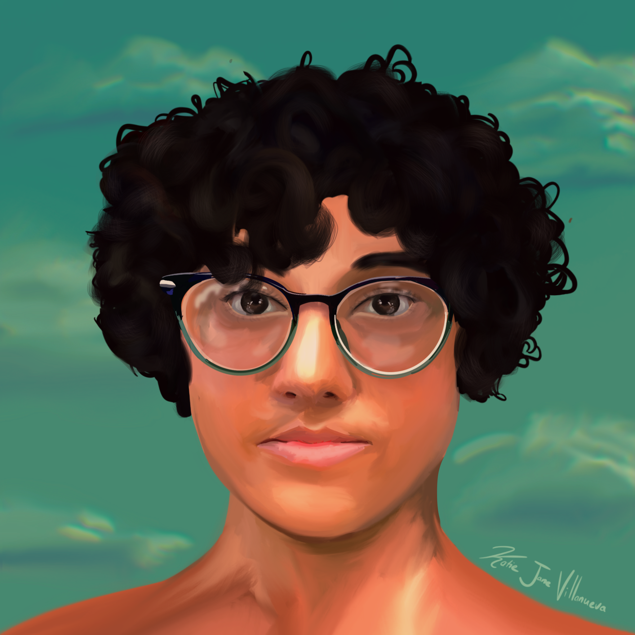 a image of a person with short curly hair and glasses