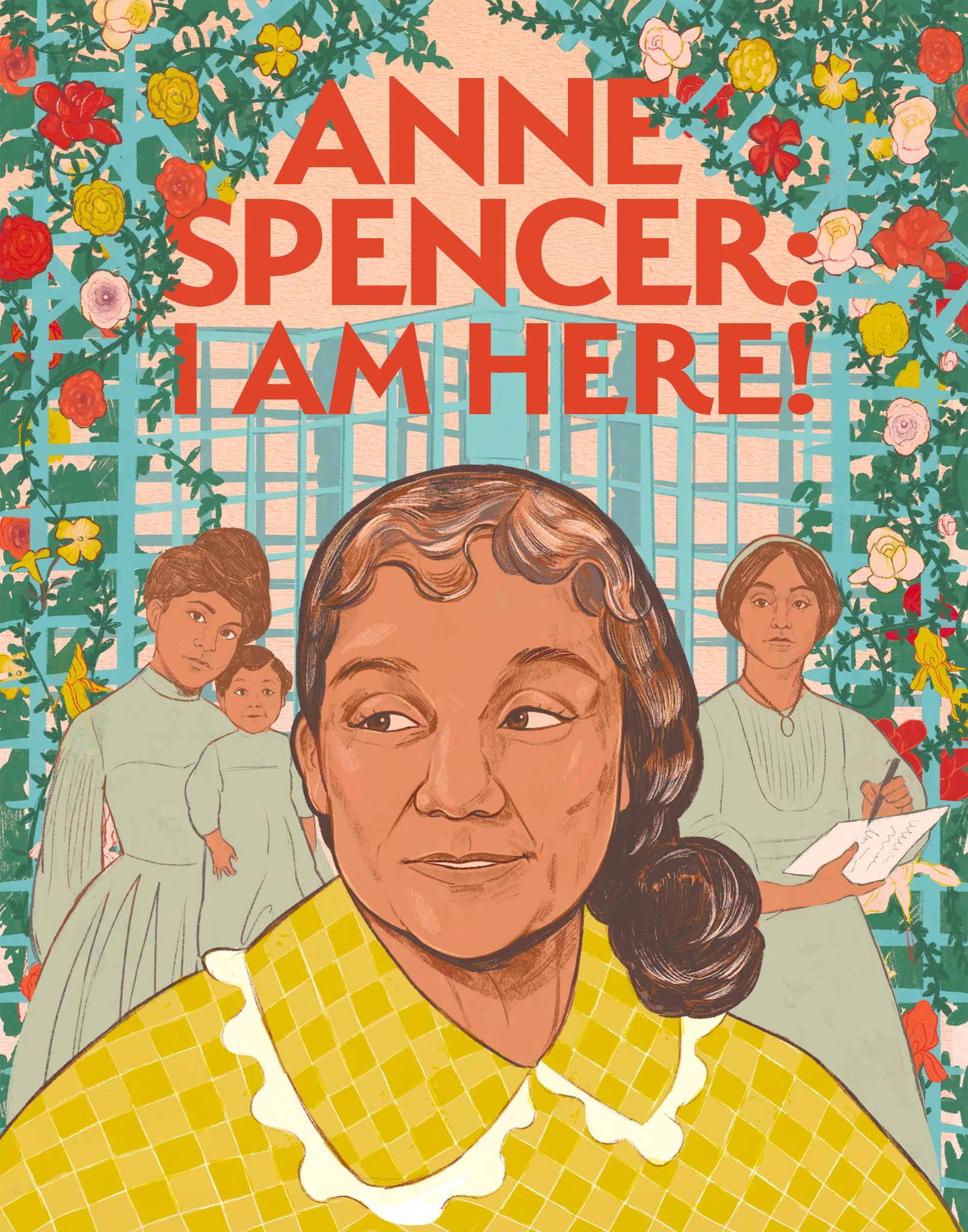 Advertisement for the "Anne Spencer: I Am Here" event with a drawing of the poet Anne Spencer in a yellow dress