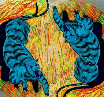Two blue tigers on a yellow and orange palette of color