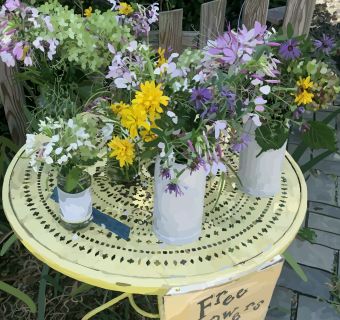 vases of flowers on a table with a sign that says free flowers