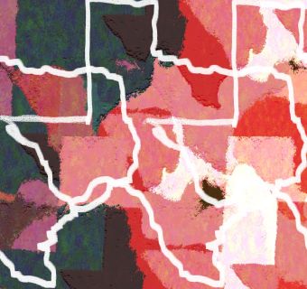 the shape of texas outlines in white against red and purple background