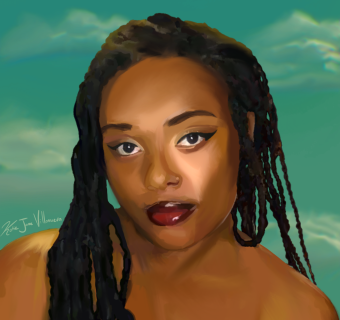 a person looking at the observer with black braids and eyeliner