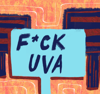 quote bubbles with one in the center that says "F*CK UVA"