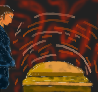 A girl in a dark blue coat looking over a casket at a funeral. 