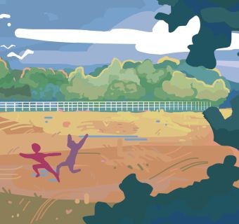 two figures running through a field