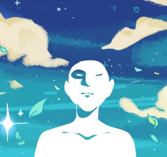 a white figure against a starry blue background with white clouds and floating leaves and hearts