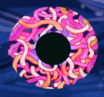 an eyeball made up of pink, orange, and white worms on a dark blue background with waves and stars