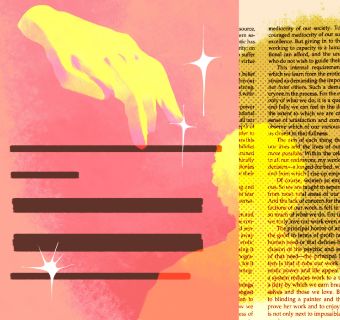pink and yellow collage with a sparkling yellow hand above the yellow silhouette of a woman's torso, with the text of Audre Lorde's "Uses of the Erotic" on the background