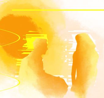 two orange and yellow figures in the glow of a warm orange sun, one a man sitting and the other a woman standing to his right
