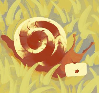 a snail holding a letter in yellow grass.