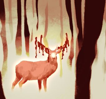 a brown and shadowy forest feauturing a buck whose antlers are shedding staring directly at you