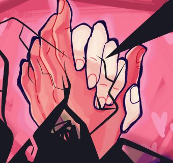 Clasped hands against a fractured pink background