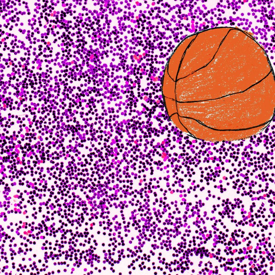 Basketball surrounded by a purple glitter backdrop